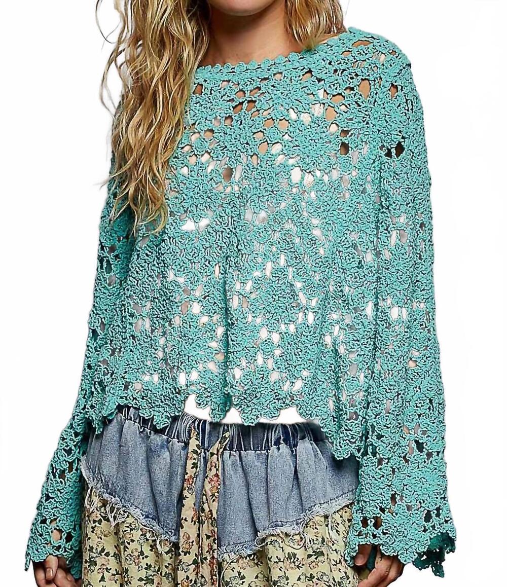 NEW POL women's crochet oversized chenille sweater in blue